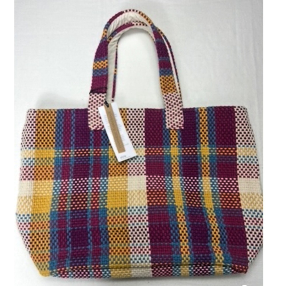 Ellyla NWT Woven Plaid Tote Multi Color Vegan Jute Cotton Handcrafted